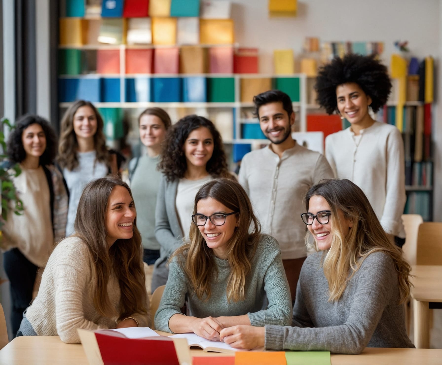 Grupo de adultos aprendiendo idiomas.